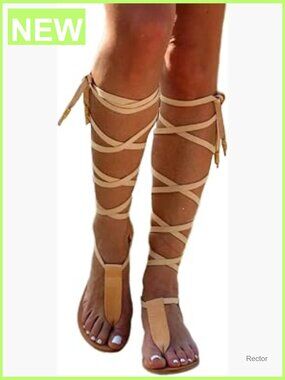 Women's Knee High Gladiator Sandals Strappy Lace Up Bohemian Flats